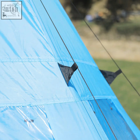 Light blue Outsunny tipi tent fabric with reinforced stitching and black tensioning straps for easy setup and mesh windows