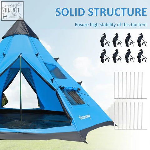 Outsunny 6 men blue and black tipi tent with mesh windows, large zipped door, solid structure for camping outdoors