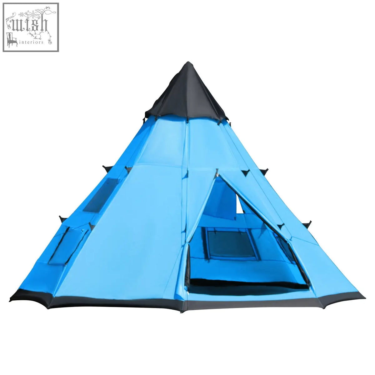 Blue and black Outsunny 6 men tipi tent with mesh windows, large zipped door, peaked roof, and easy setup for camping