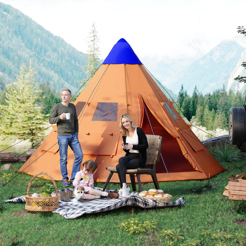 Orange and blue outsunny 6 men tipi tent with large zipped door and ground stakes shown from front view