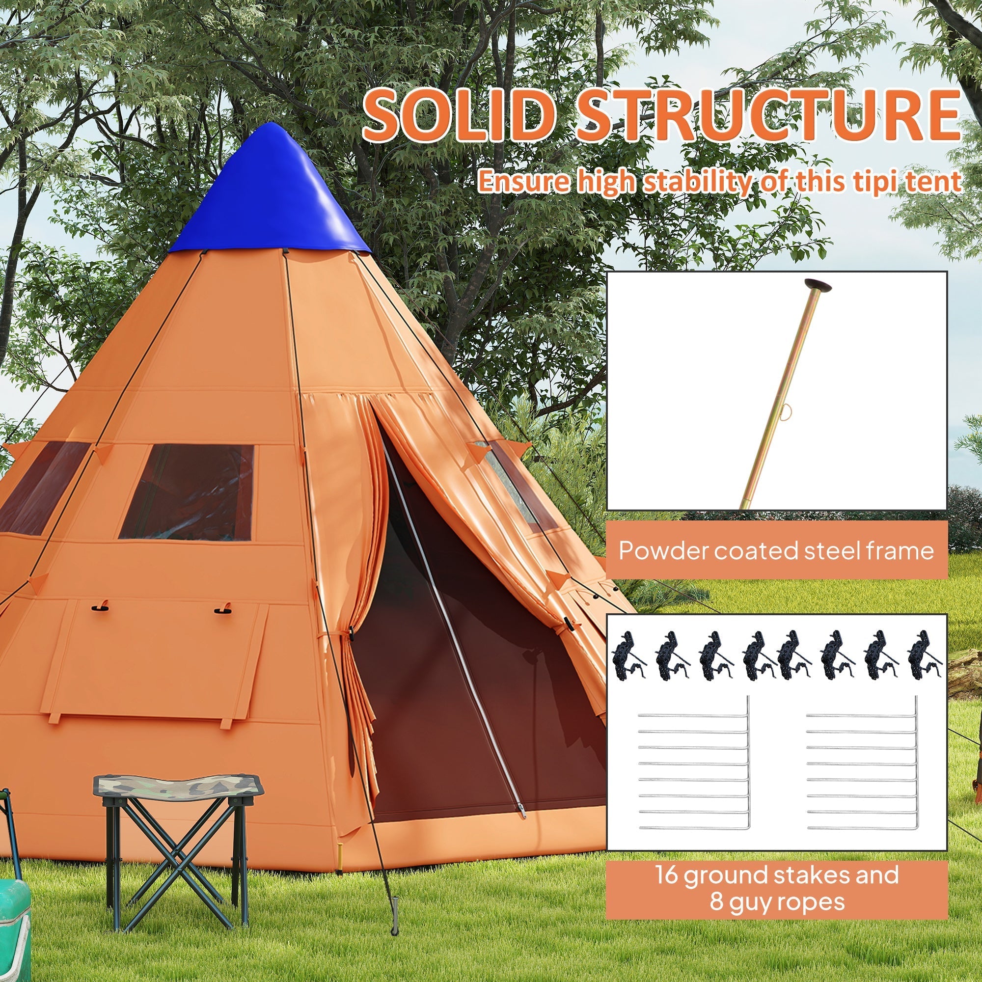 Outsunny orange tipi tent with blue roof and steel frame features large zipped door and ground stakes for stability