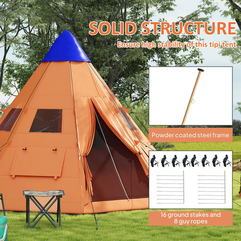 Outsunny orange tipi tent with blue roof and steel frame features large zipped door and ground stakes for stability