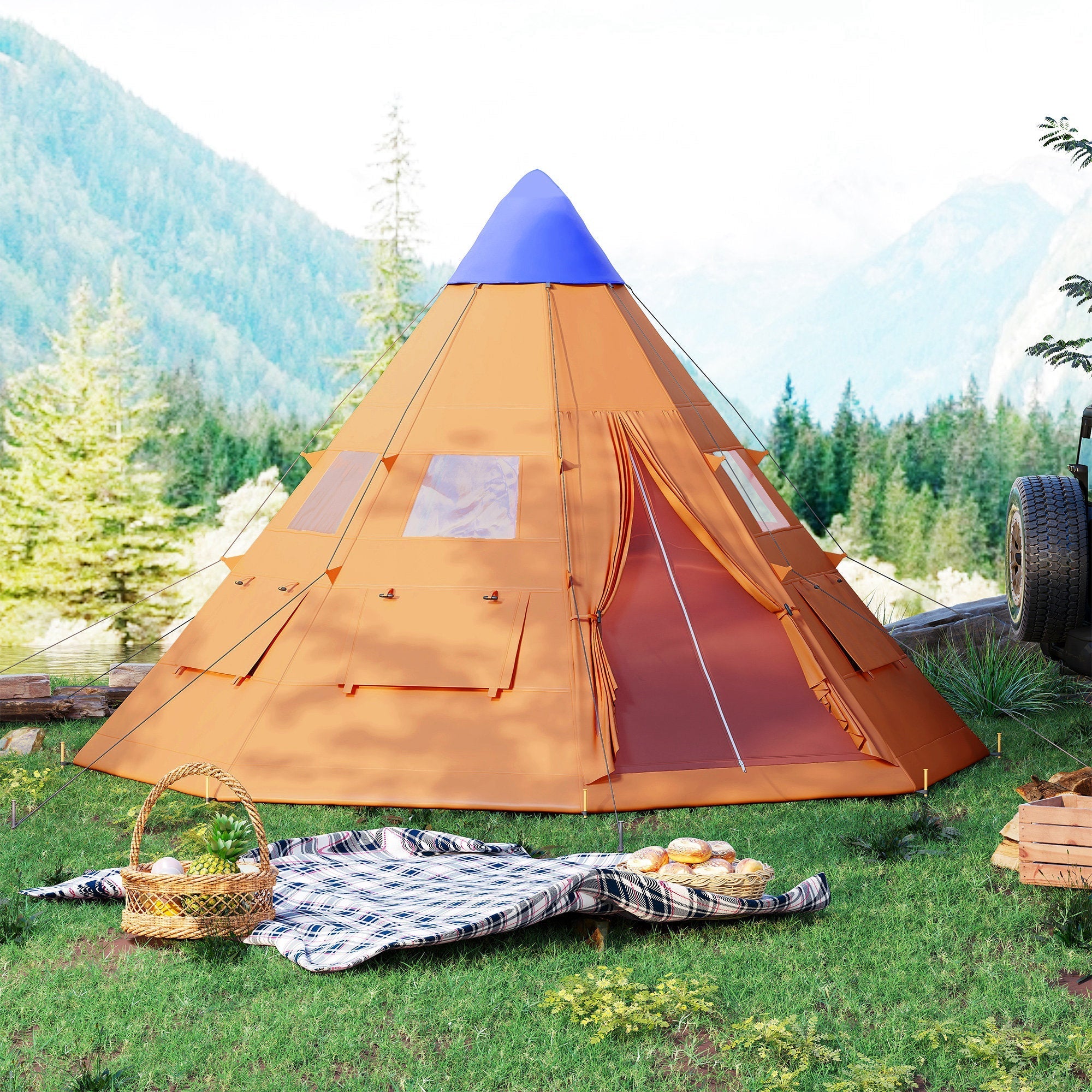 Outsunny 6 men orange and blue tipi tent with large zipped door, transparent windows, side flaps, and ground stakes for ventilation