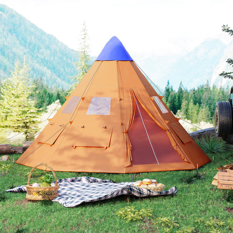 Outsunny 6 men orange and blue tipi tent with large zipped door, transparent windows, side flaps, and ground stakes for ventilation