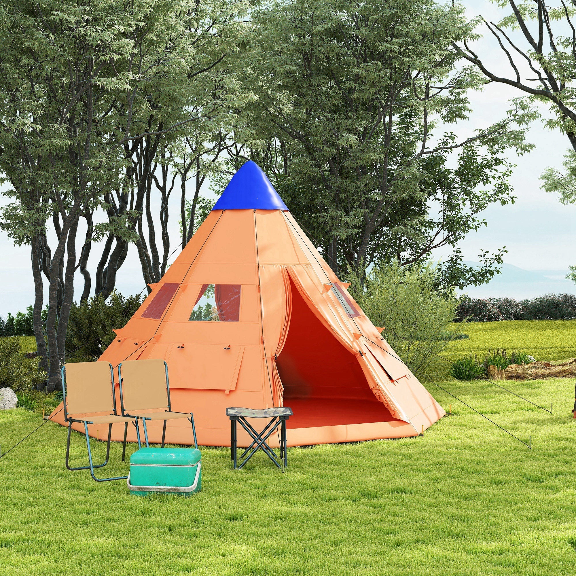 Outsunny orange and blue tipi tent with durable fabric, large zipped door, and ground stakes for 6 men camping