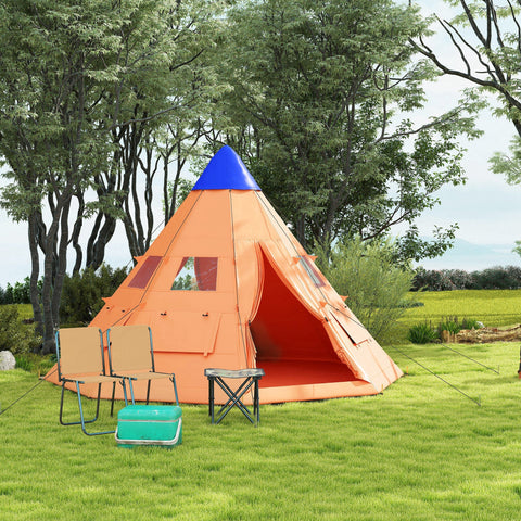 Outsunny orange and blue tipi tent with durable fabric, large zipped door, and ground stakes for 6 men camping