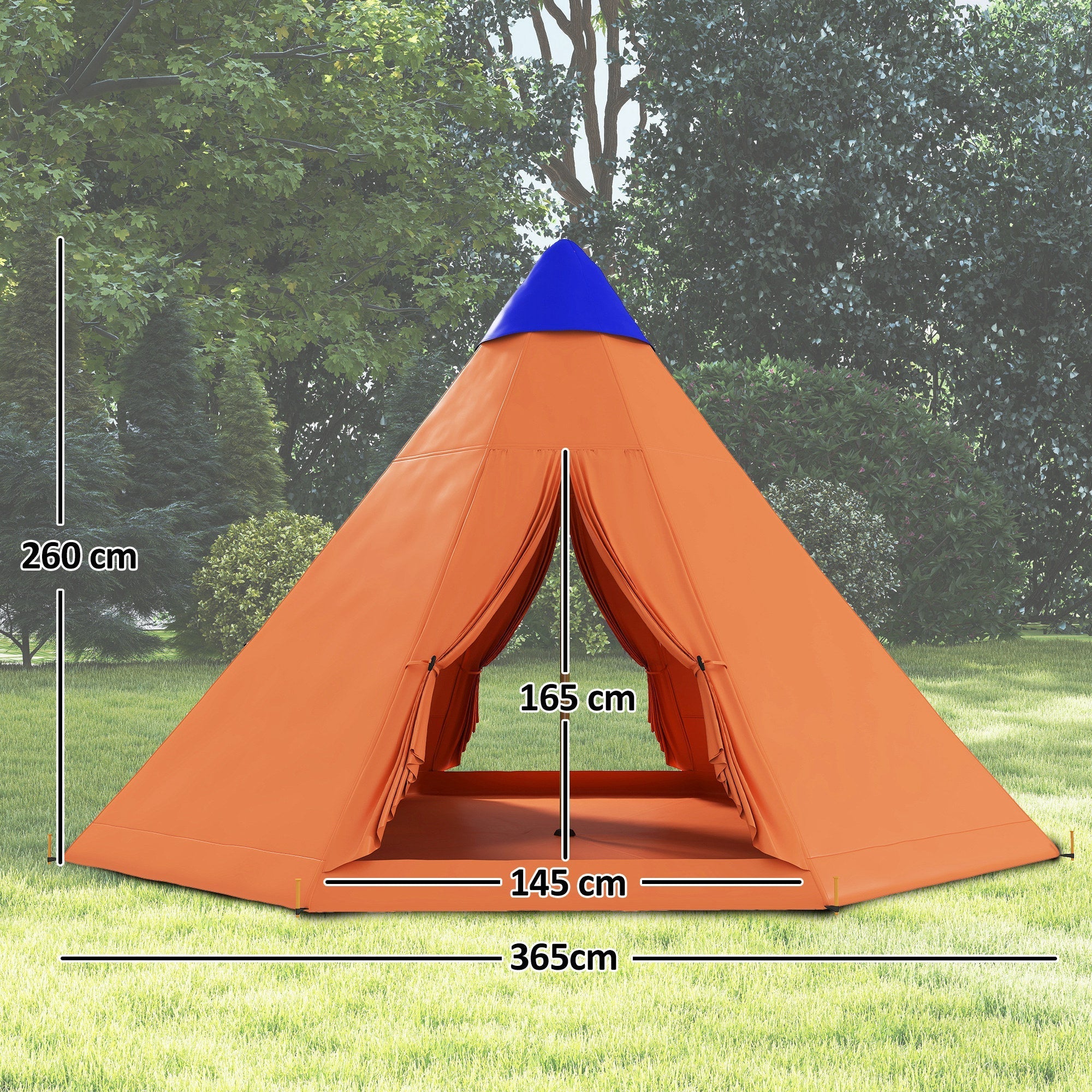 Orange and blue Outsunny 6 men tipi tent with durable fabric, large zipped door, and ground stakes for stability