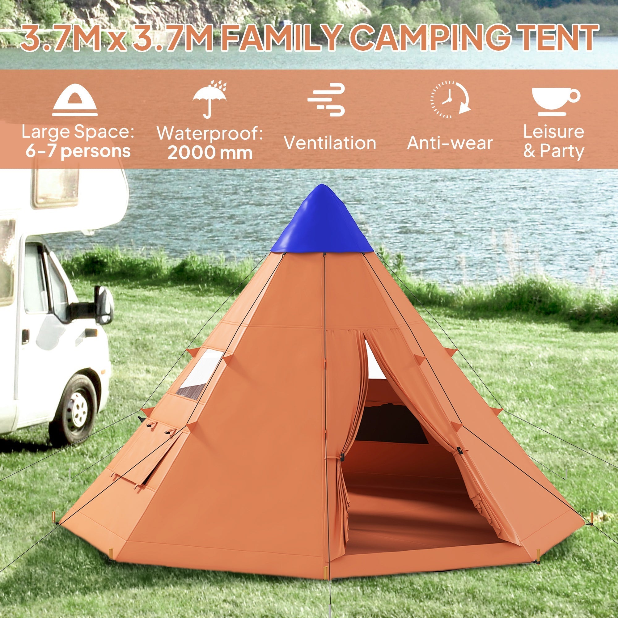 Outsunny orange and blue 6 men tipi tent with waterproof fabric large zipped door and ground stakes for camping
