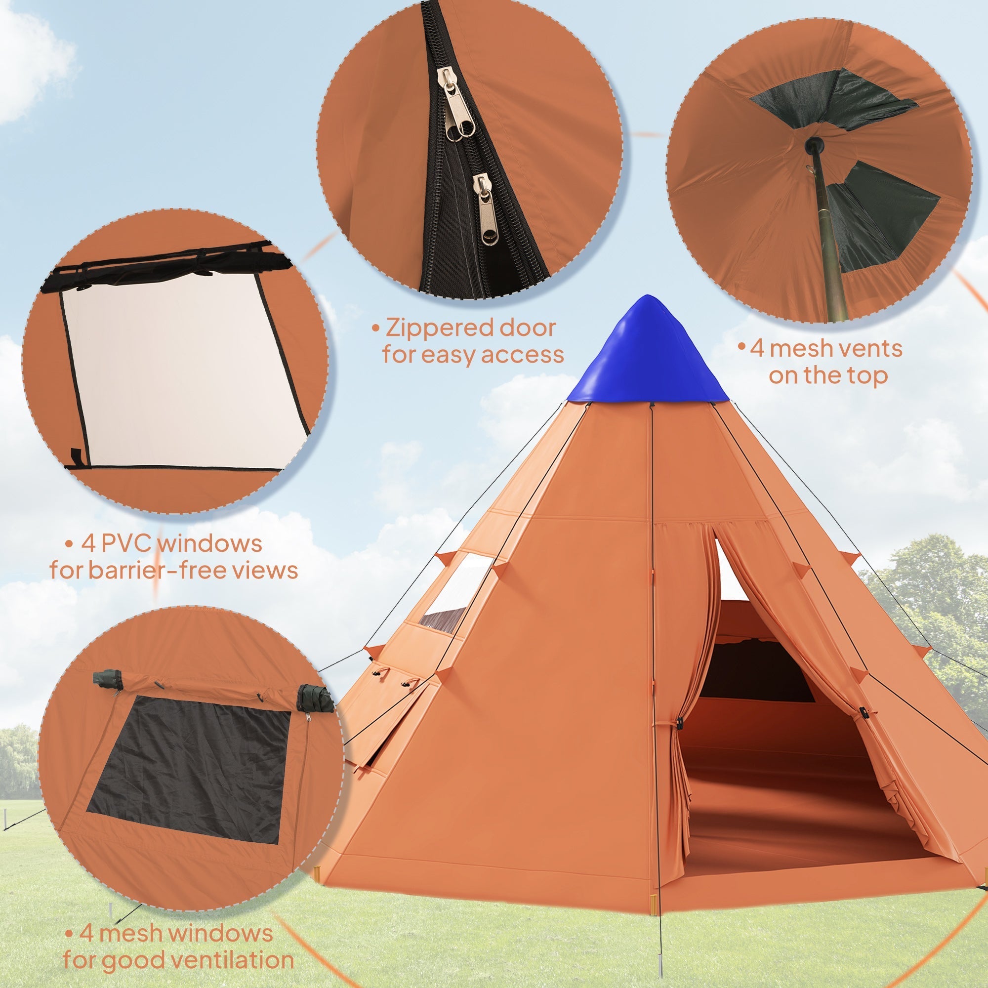Outsunny orange and blue 6 men tipi tent with large zipped door mesh vents four pvc windows and ground stakes for easy setup