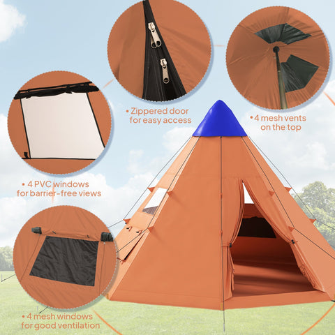 Outsunny orange and blue 6 men tipi tent with large zipped door mesh vents four pvc windows and ground stakes for easy setup