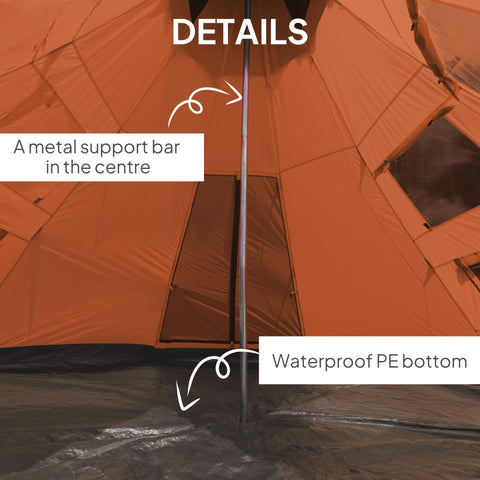 Orange outsunny 6 men tipi tent with central metal bar waterproof pe bottom large zipped door and ground stakes included