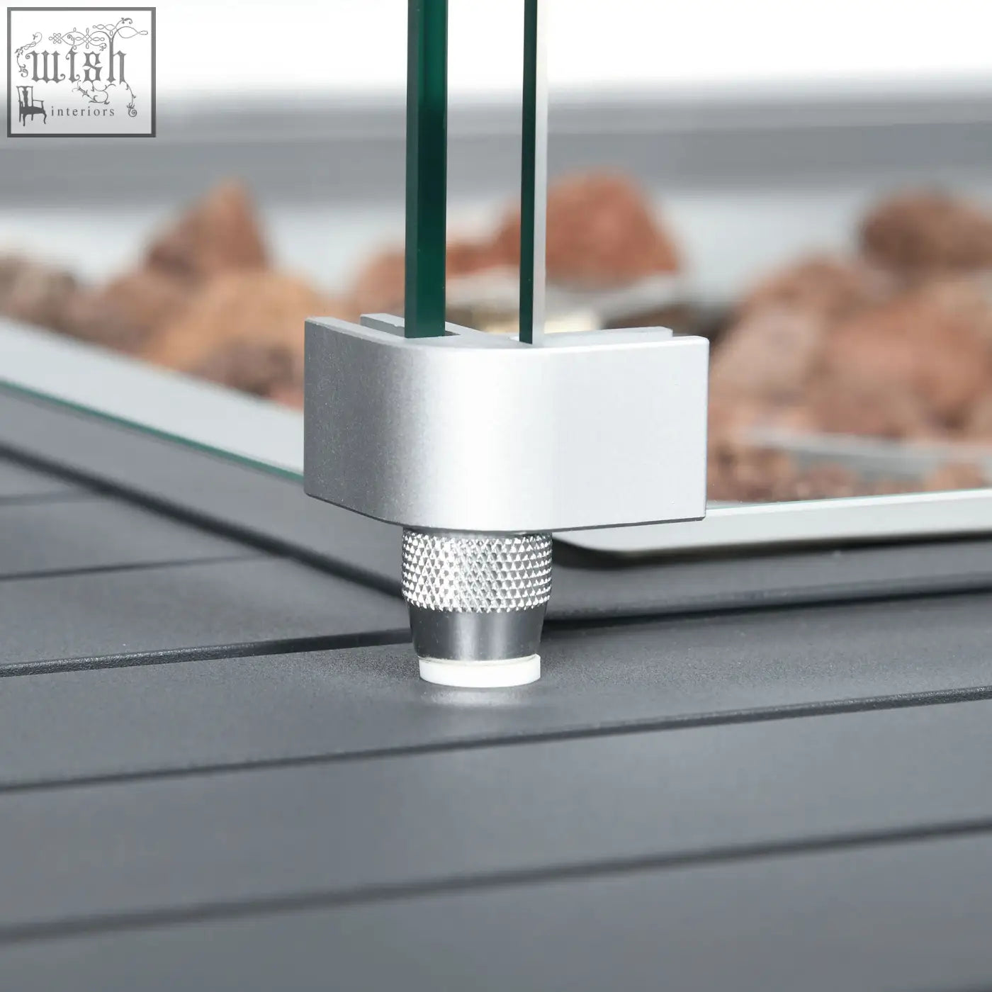 Silver metallic glass clamp with textured grip and white rubber base in outsunny aluminium garden corner sofa set with pit table