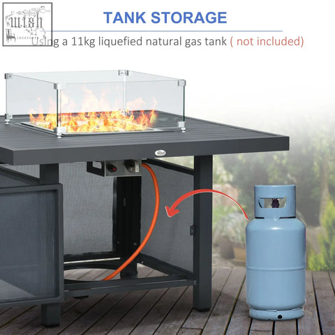 Black metal aluminium garden pit table with glass safety enclosure and integrated burner for outdoor yard use