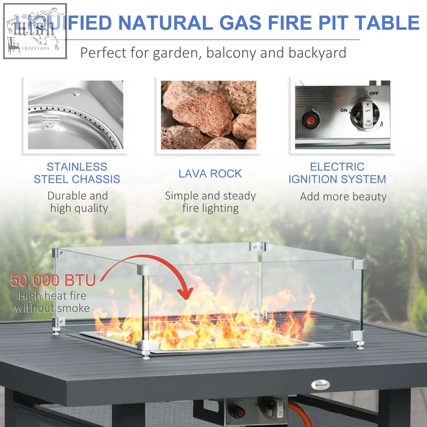 Stainless steel pit table with glass enclosure and lava rock insert in outsunny grey aluminium garden corner sofa set