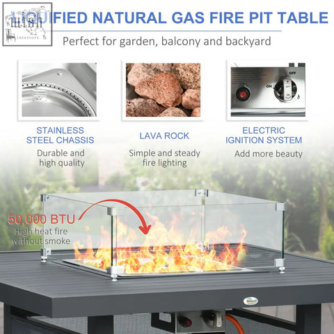 Stainless steel pit table with glass enclosure and lava rock insert in outsunny grey aluminium garden corner sofa set