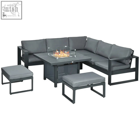 Modern grey aluminium garden corner sofa set with plush cushions and a gas fire pit table for outdoor use