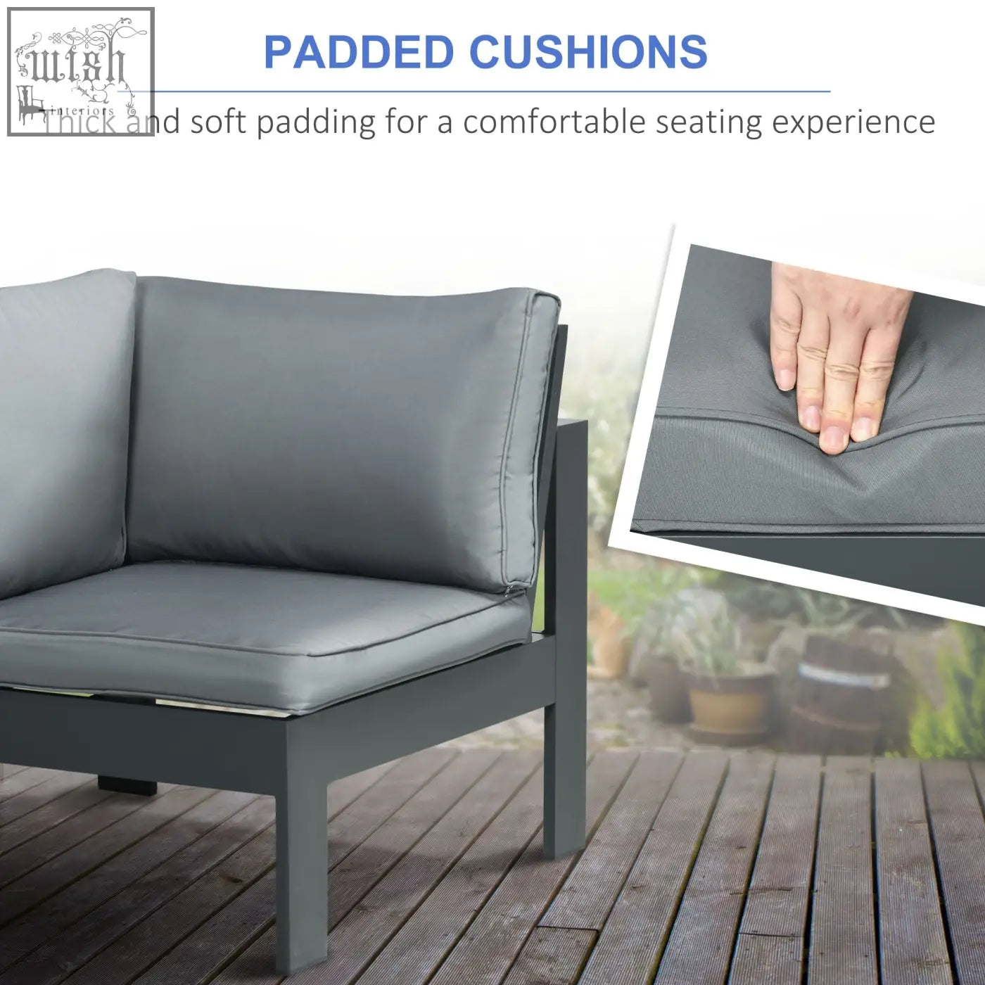 Gray padded cushions with thick soft padding on outsunny aluminium garden corner sofa with pit table for outdoor seating