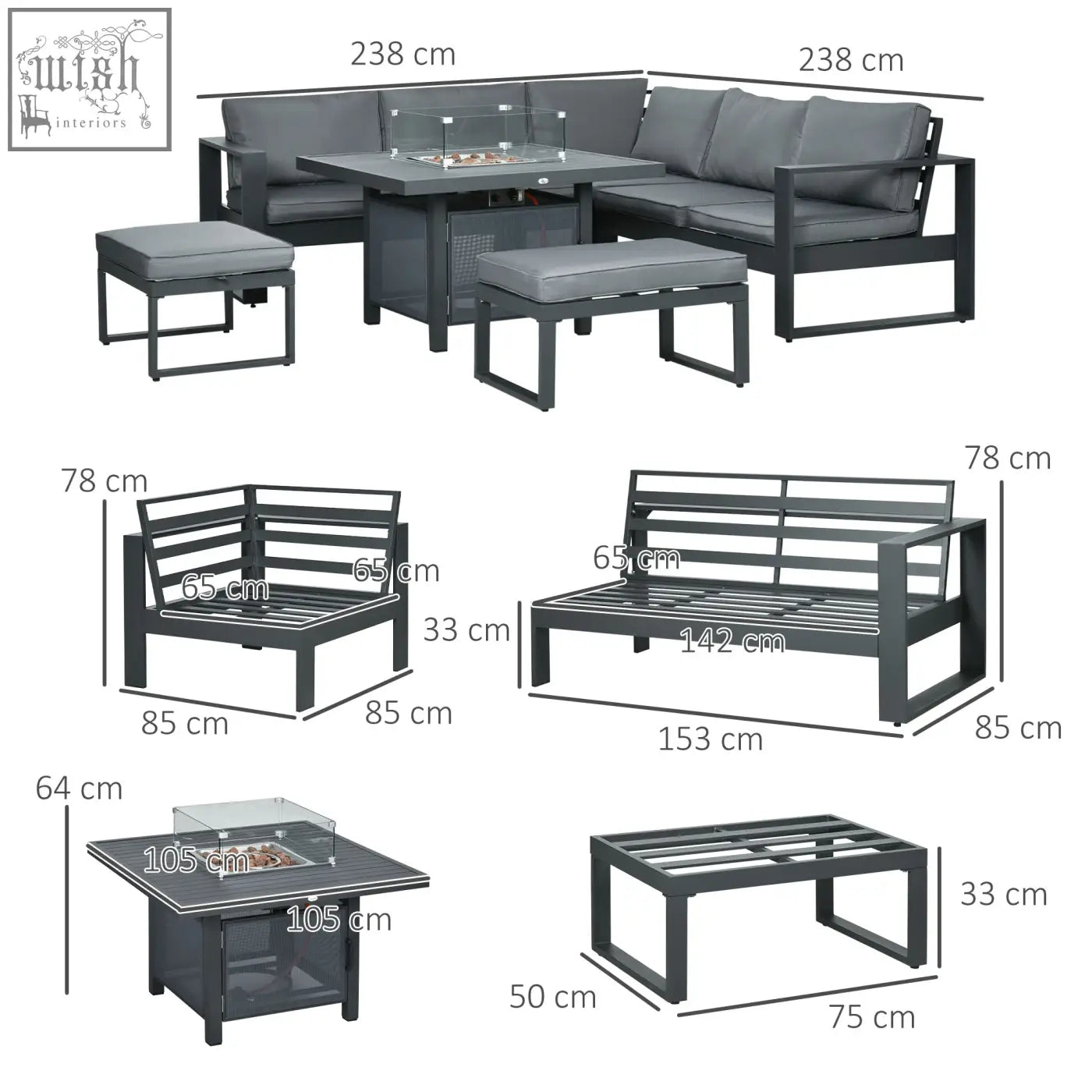Dark gray aluminium garden 6-piece corner sofa set with cushioned seating ottomans and a central gas pit table