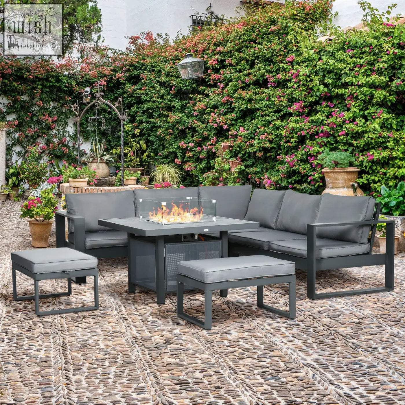 Outsunny 6-piece grey aluminium garden corner sofa set with matching ottomans and central gas fire pit table
