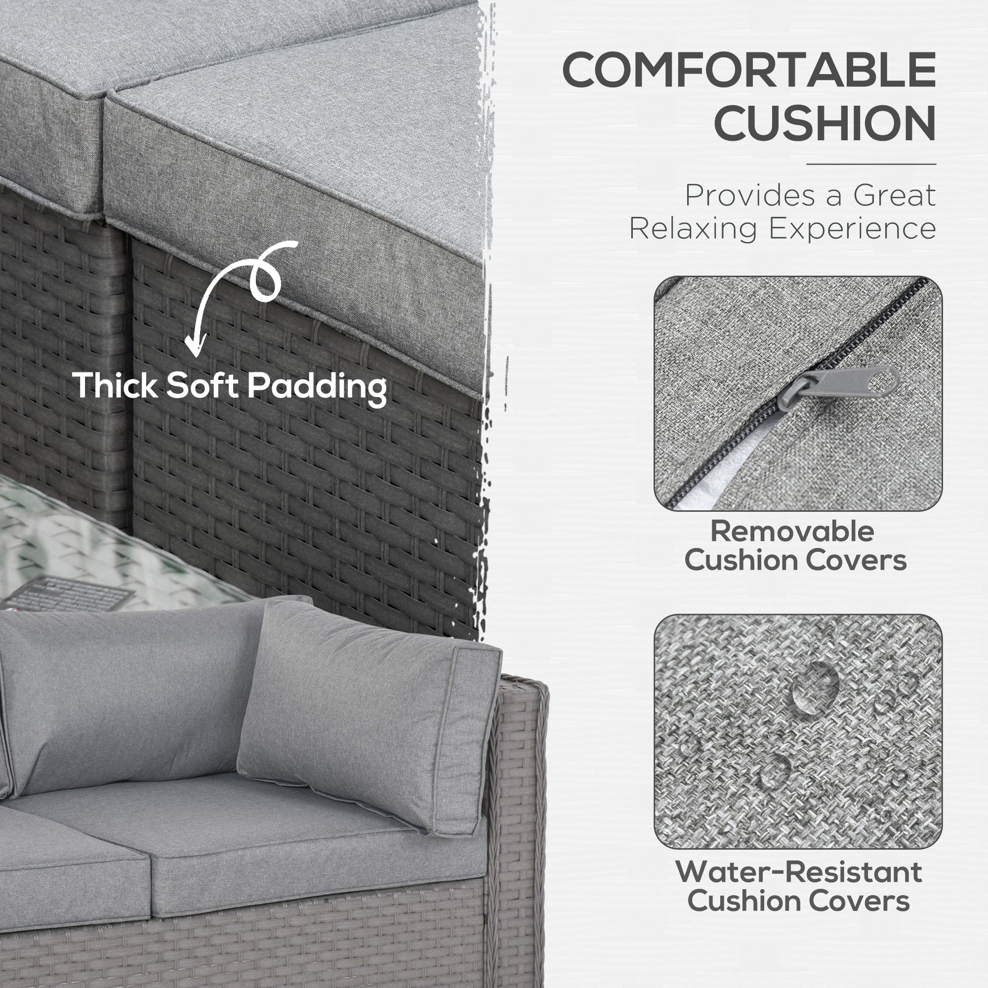 Gray woven wicker double corner sofa set with plush cushions and coffee table for outdoor conservatory use