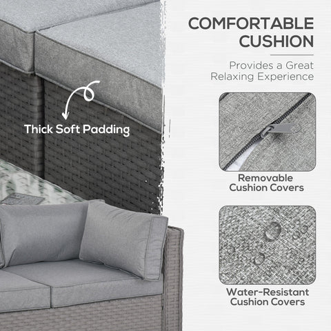 Gray woven wicker double corner sofa set with plush cushions and coffee table for outdoor conservatory use