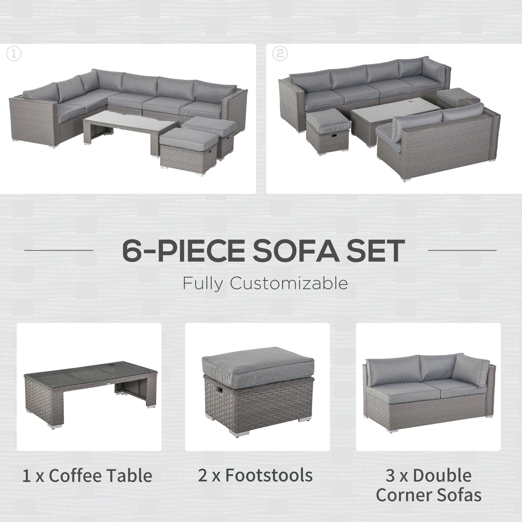 Gray woven wicker 6-piece outdoor corner sofa set with coffee table and double corner design cushions and footstools