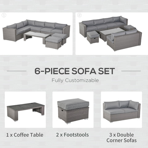 Gray woven wicker 6-piece outdoor corner sofa set with coffee table and double corner design cushions and footstools