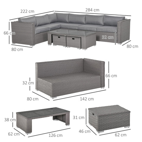 Gray woven wicker outdoor double corner sofa set with coffee table and storage units with padded cushions