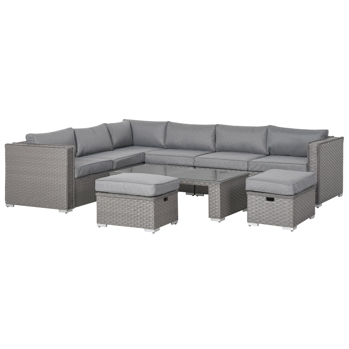 Gray wicker double corner sofa set with glass top coffee table and padded cushions for outdoor use