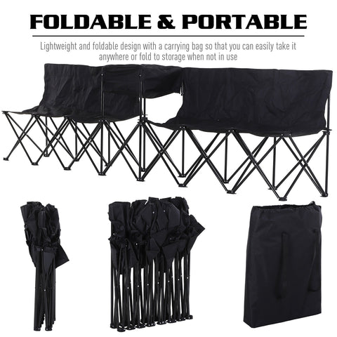 Outsunny 6 Seat Folding Sports Bench Portable Sports Team Bench Spectator Chair with Cooler Bag and Carrying Bag for Outdoor Picnic Camping - Black