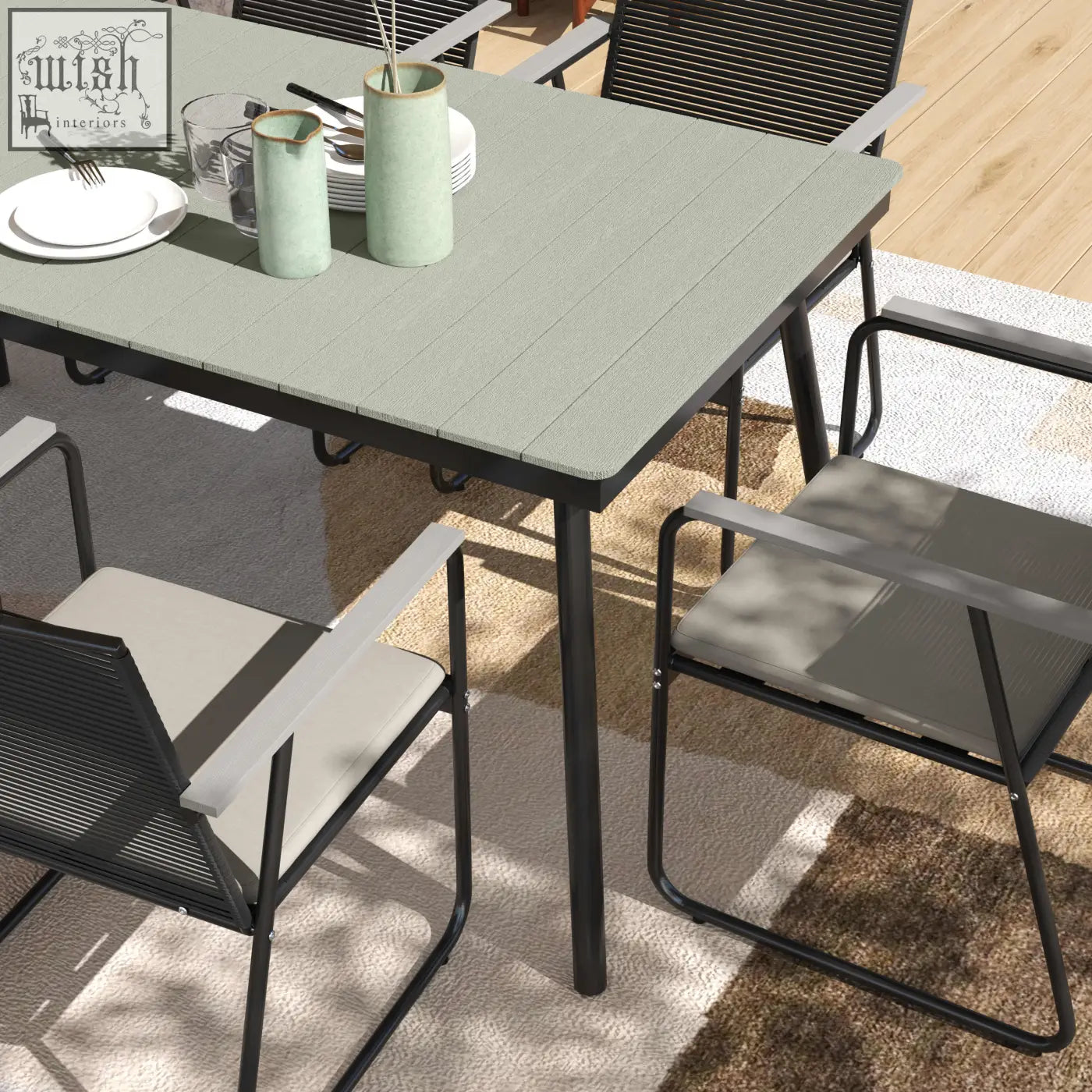 Gray outdoor dining table with wood plastic slatted top and black metal legs in outsunny 6 seater garden set