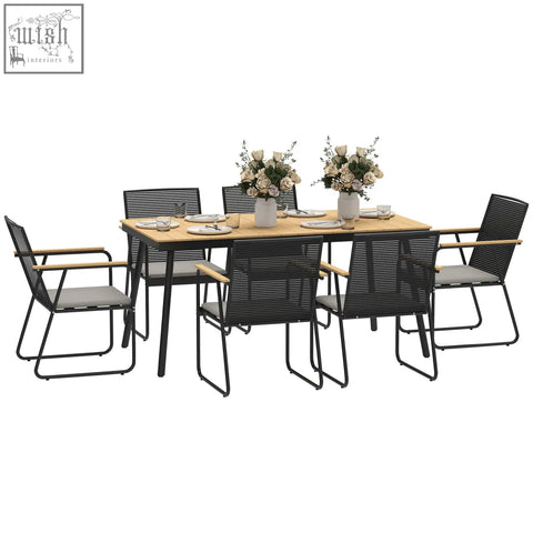 Outsunny 6 seater garden dining set with black woven metal, nature wood finish accents, gray cushions, perfect for outdoor use