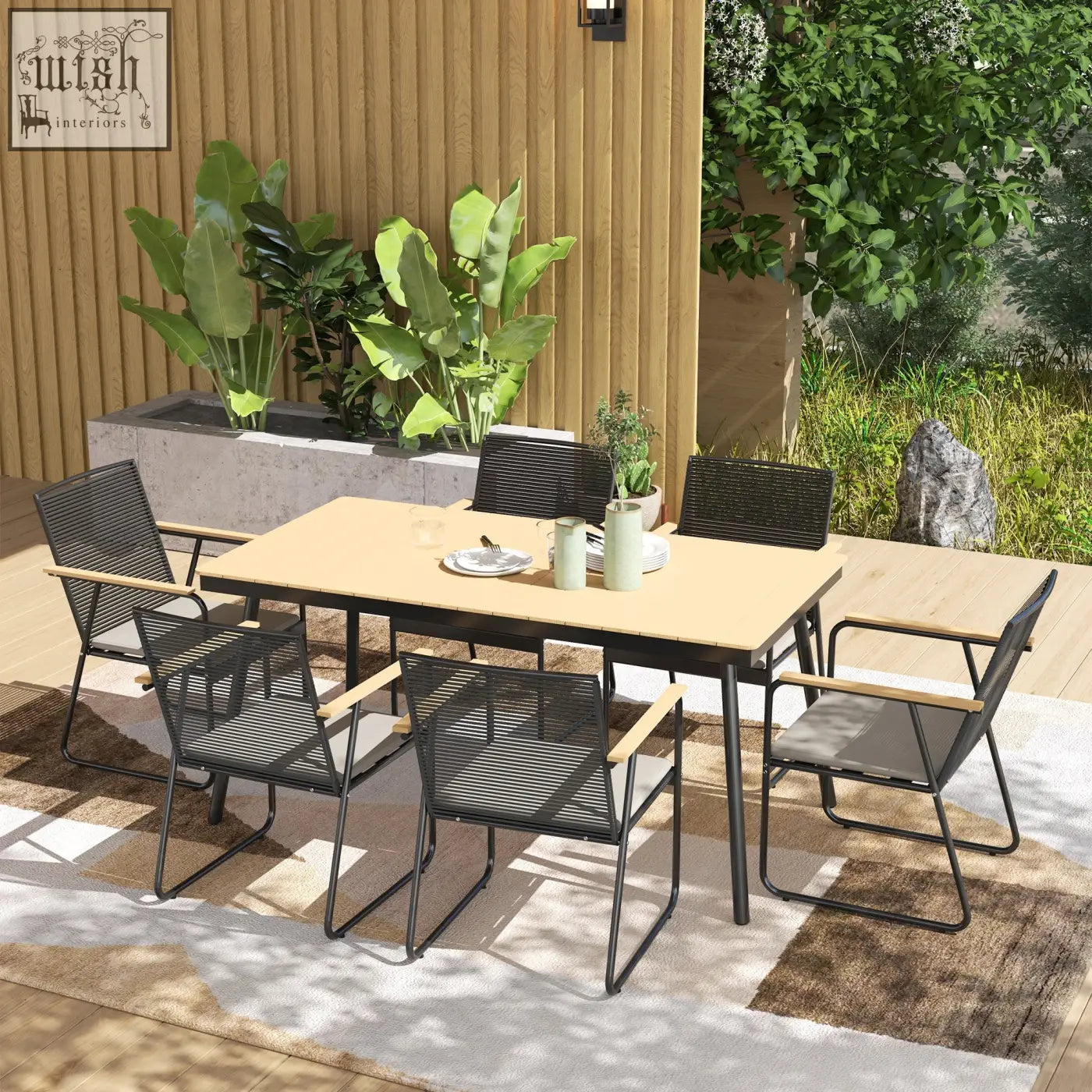 Modern 6 seater garden dining set with nature wood finish table, black metal frame, rattan backrest chairs, and soft cushions