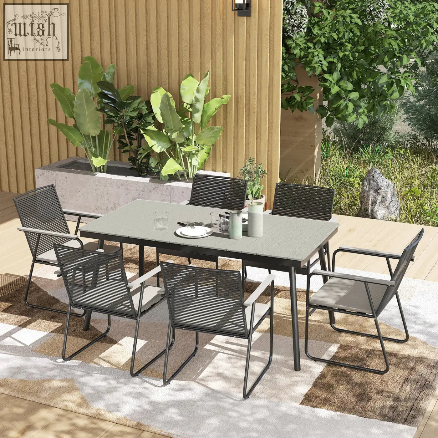 Outsunny 6 seater garden dining set with sleek grey stone top, black metal legs, and dark woven outdoor dining chairs