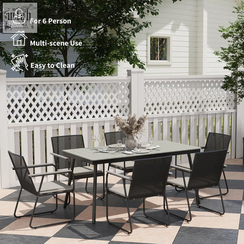 Outsunny 6 seater garden dining set with black woven resin rattan backrest gray cushioned seats and wood plastic table
