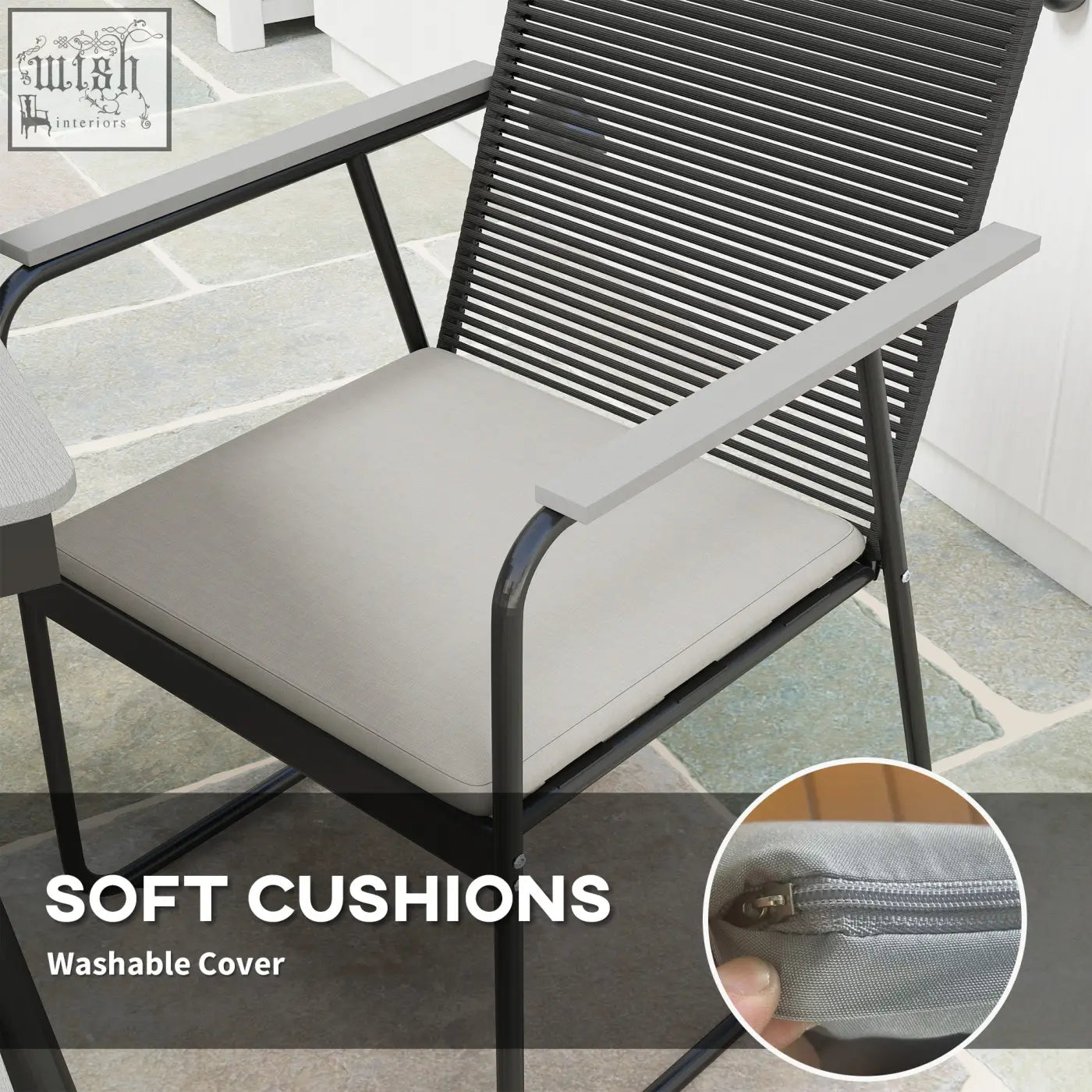 Gray cushioned outdoor chair with black woven rattan back and armrests in outsunny 6 seater garden dining set for patio
