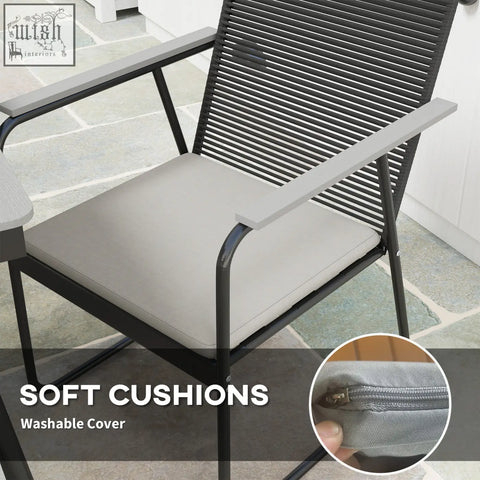Gray cushioned outdoor chair with black woven rattan back and armrests in outsunny 6 seater garden dining set for patio