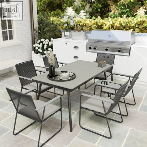 Gray 6 seater garden dining set with wood plastic rectangular top and mesh rattan back outdoor dining chairs