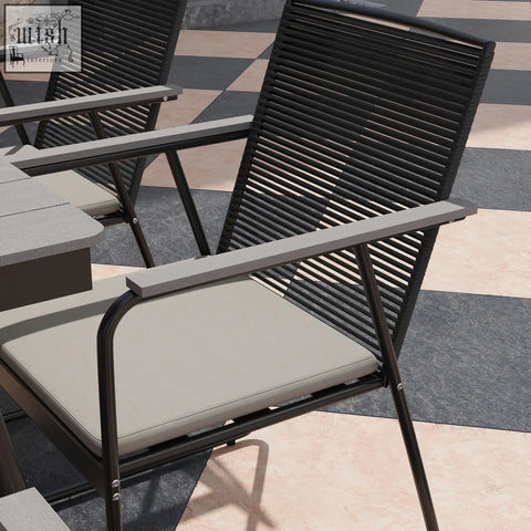Black woven slat outdoor dining chair with gray cushion and armrests in outsunny 6 seater garden set