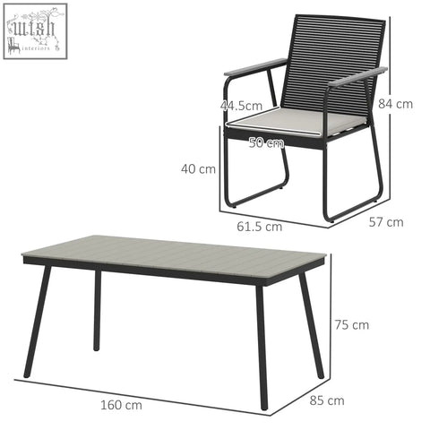 Black metal seater garden chair with gray cushion and slatted back paired with wood plastic outdoor dining table