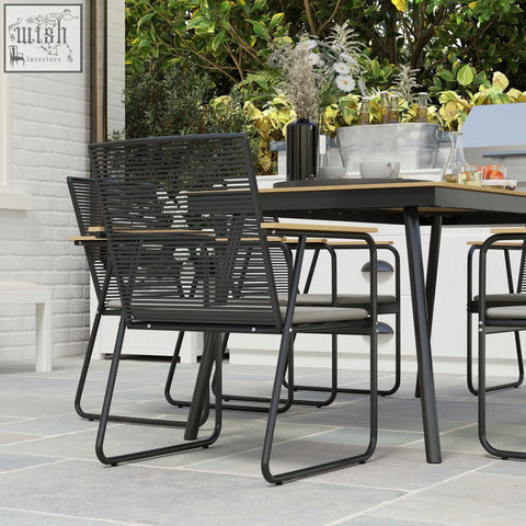 Black metal woven chair with gray cushioned seat in outsunny 6 seater garden dining set nature wood finish