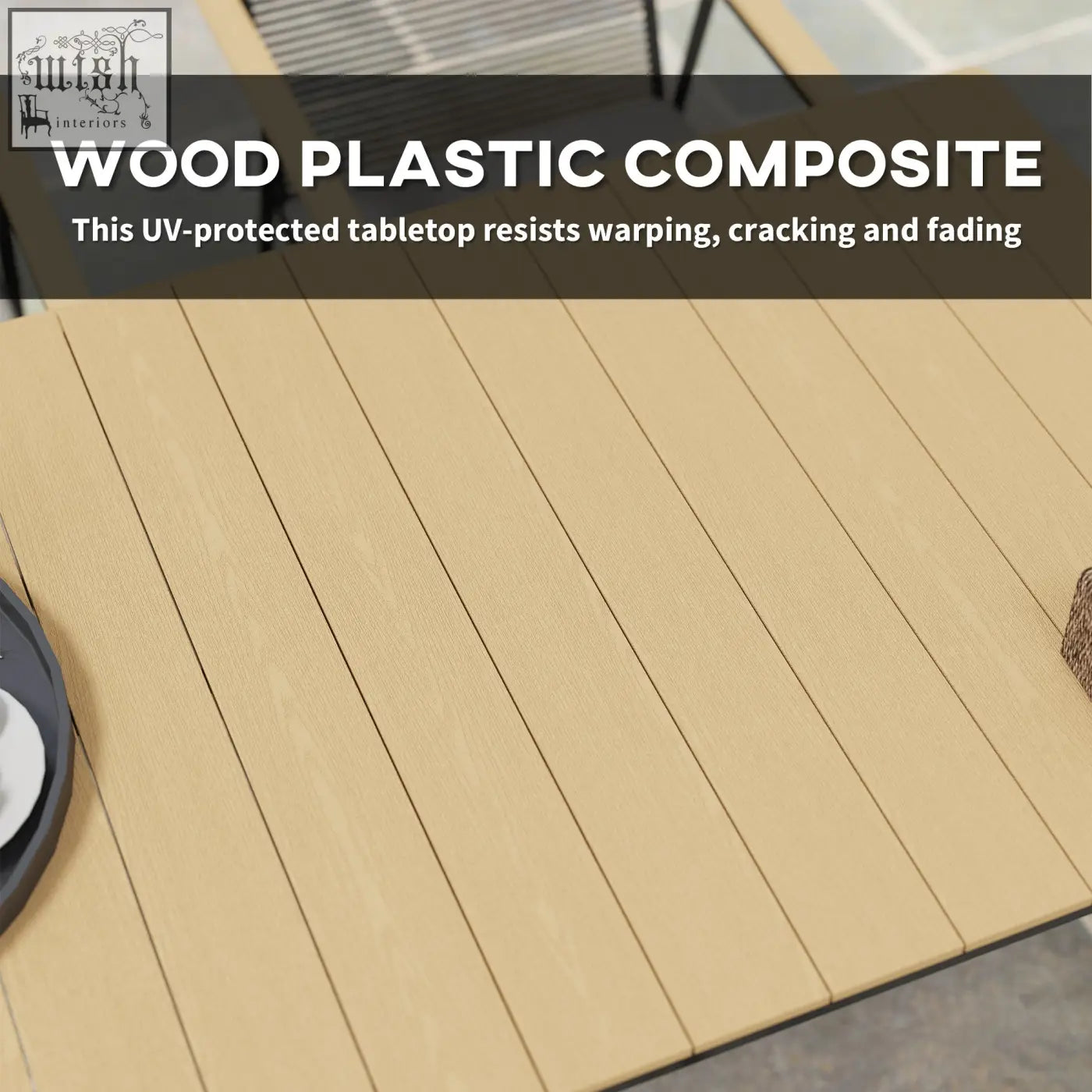 Beige wood-plastic composite tabletop with smooth linear grain on outsunny 6 seater garden dining set nature wood finish
