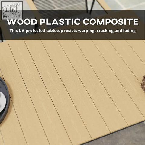 Beige wood-plastic composite tabletop with smooth linear grain on outsunny 6 seater garden dining set nature wood finish
