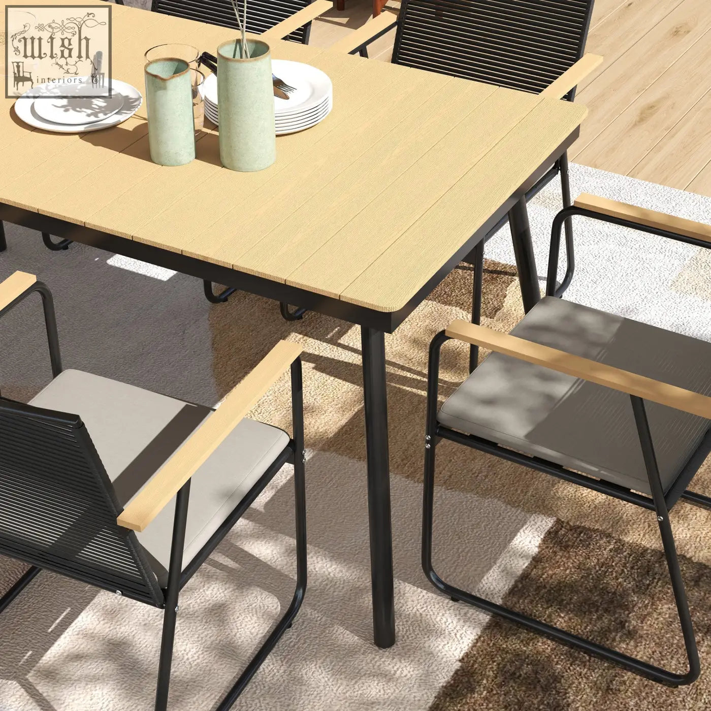 Outsunny 6 seater garden dining set with nature wood finish table and black metal legs with cushioned chairs