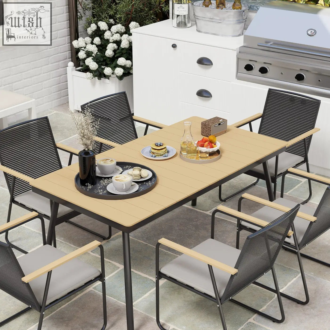 Beige wooden outdoor dining set with black metal frame and mesh chairs in nature wood finish for seater garden use