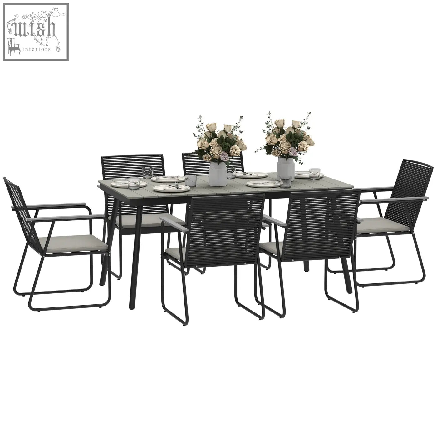Outsunny 6 seater garden dining set with black woven resin rattan, gray cushions, and wood plastic rectangular top for outdoor dining