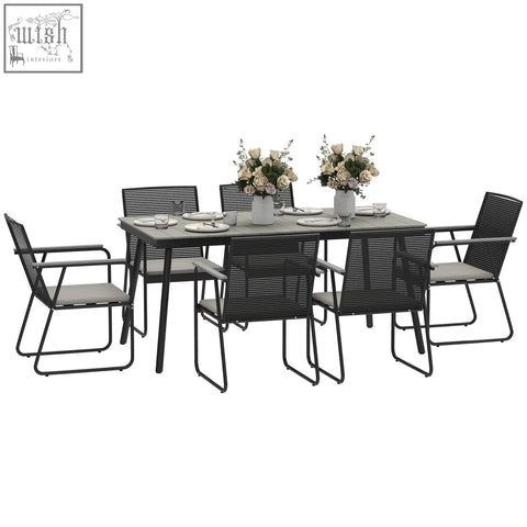Outsunny 6 seater garden dining set with black woven resin rattan, gray cushions, and wood plastic rectangular top for outdoor dining
