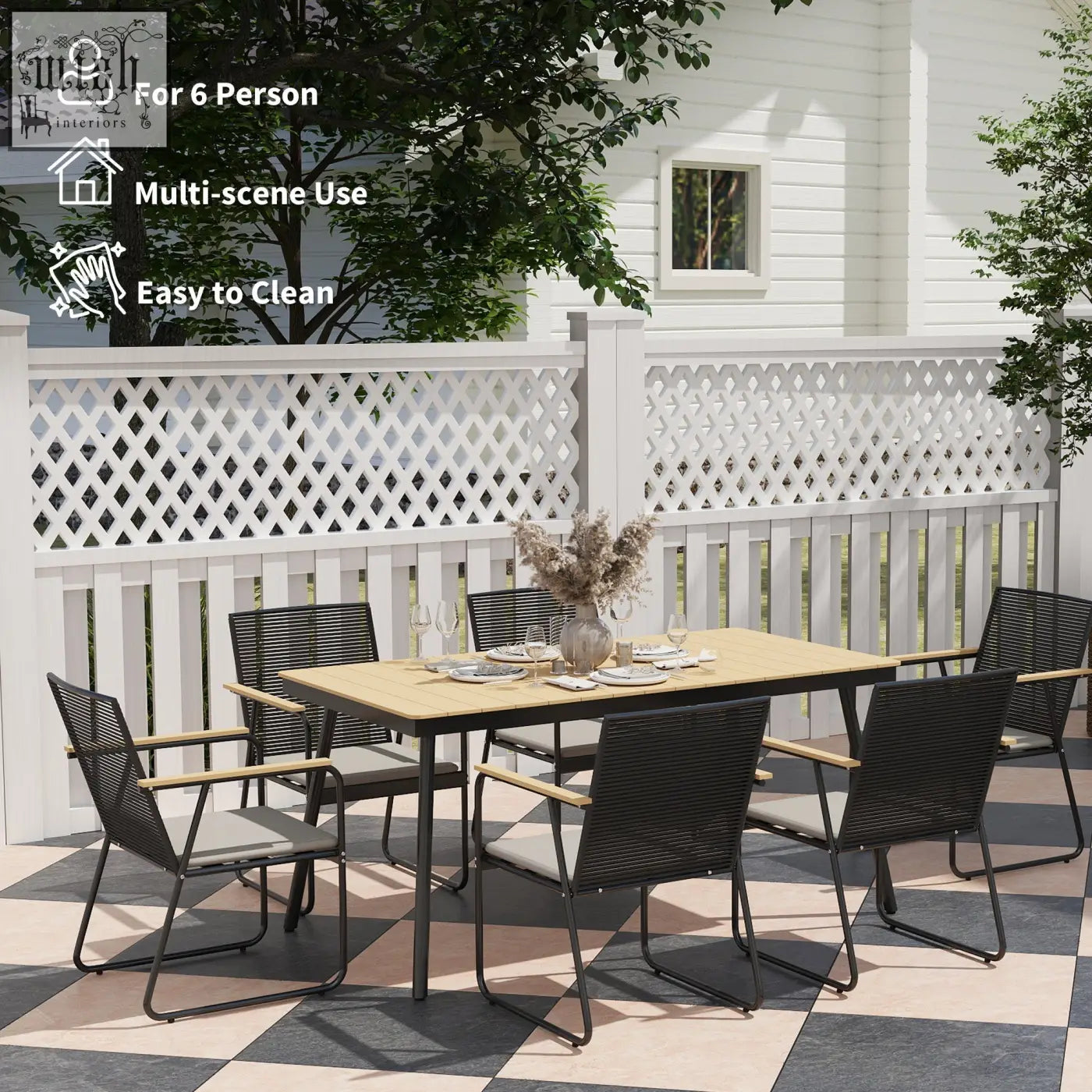 Outsunny 6 seater garden dining set with black woven resin frame, nature wood finish table, and gray cushioned seats
