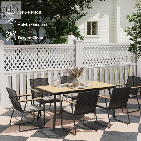 Outsunny 6 seater garden dining set with black woven resin frame, nature wood finish table, and gray cushioned seats