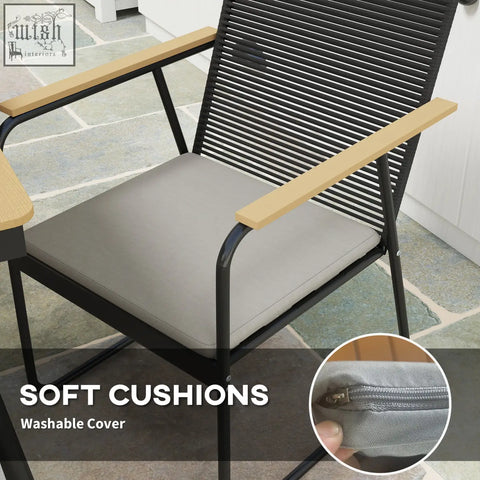 Modern outdoor chair with black metal frame light wood armrests and gray cushion in outsunny seater garden dining set nature wood finish